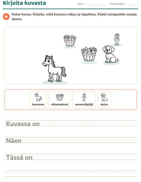 Esikatselu: Kuvasta kirjoittaminen-tehtäväarkki, aiheena Maatila MV, 2. luokka