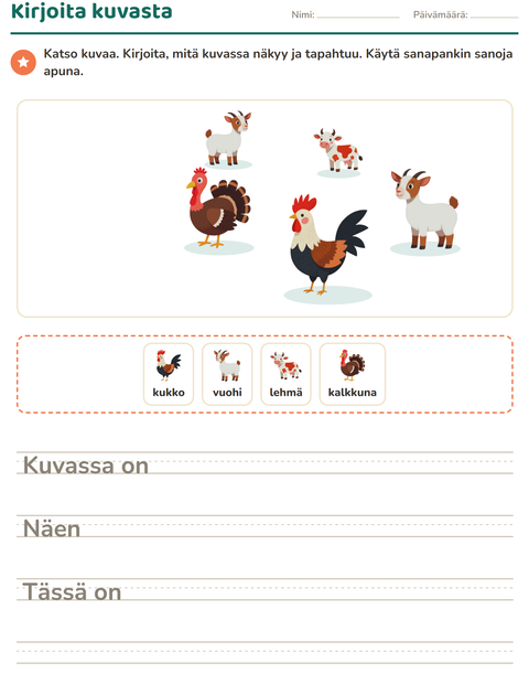 Esikatselu: Kuvasta kirjoittaminen-tehtäväarkki, aiheena Maatilan eläimet, 2. luokka