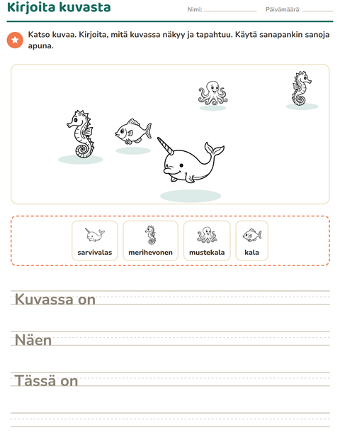 Esikatselu: Kuvasta kirjoittaminen-tehtäväarkki, aiheena Merielämä MV 2, 2. luokka