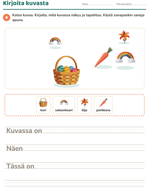 Esikatselu: Kuvasta kirjoittaminen-tehtäväarkki, aiheena Pääsiäinen, 2. luokka