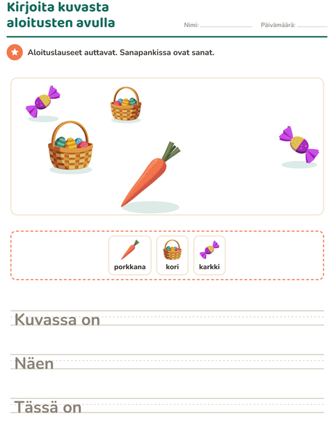 Esikatselu: Kuvasta kirjoittaminen-tehtäväarkki, aiheena Pääsiäinen, 2. luokka