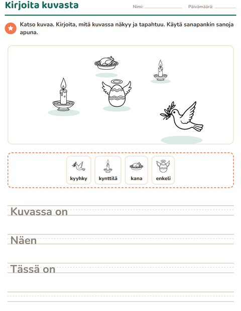 Esikatselu: Kuvasta kirjoittaminen-tehtäväarkki, aiheena Pääsiäinen MV 2, 2. luokka