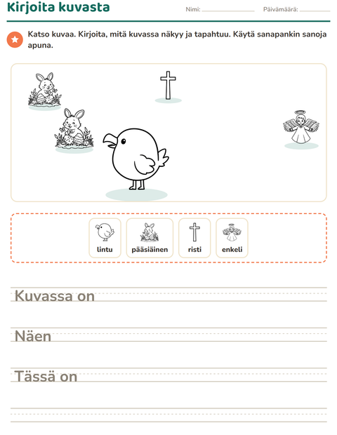 Esikatselu: Kuvasta kirjoittaminen-tehtäväarkki, aiheena Pääsiäinen MV, 2. luokka