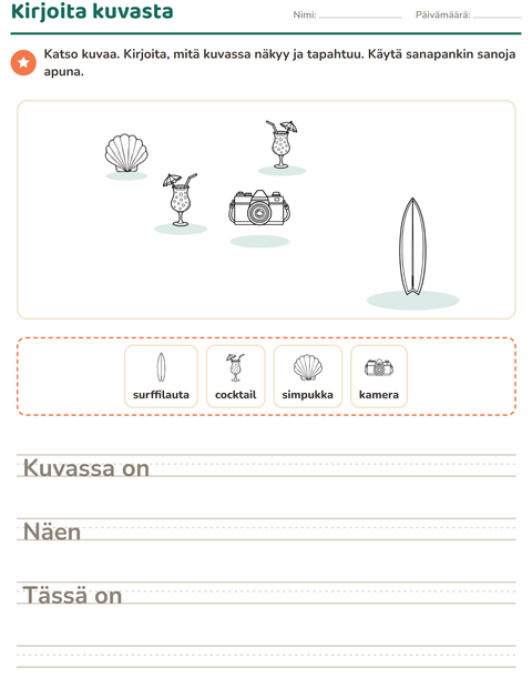 Esikatselu: Kuvasta kirjoittaminen-tehtäväarkki, aiheena Ranta MV 2, 2. luokka