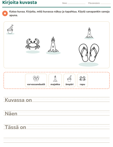 Esikatselu: Kuvasta kirjoittaminen-tehtäväarkki, aiheena Ranta MV, 2. luokka