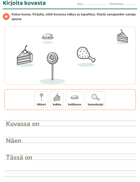 Esikatselu: Kuvasta kirjoittaminen-tehtäväarkki, aiheena Ruoka MV 2, 2. luokka