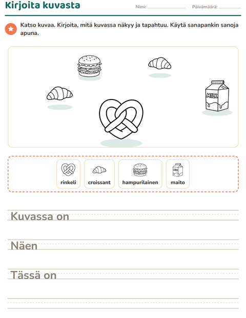 Esikatselu: Kuvasta kirjoittaminen-tehtäväarkki, aiheena Ruoka MV 3, 2. luokka