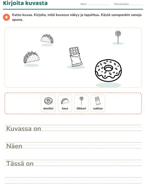 Esikatselu: Kuvasta kirjoittaminen-tehtäväarkki, aiheena Ruoka MV, 2. luokka