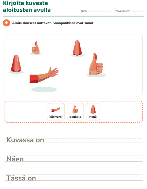 Esikatselu: Kuvasta kirjoittaminen-tehtäväarkki, aiheena Ruumiinosat, 2. luokka