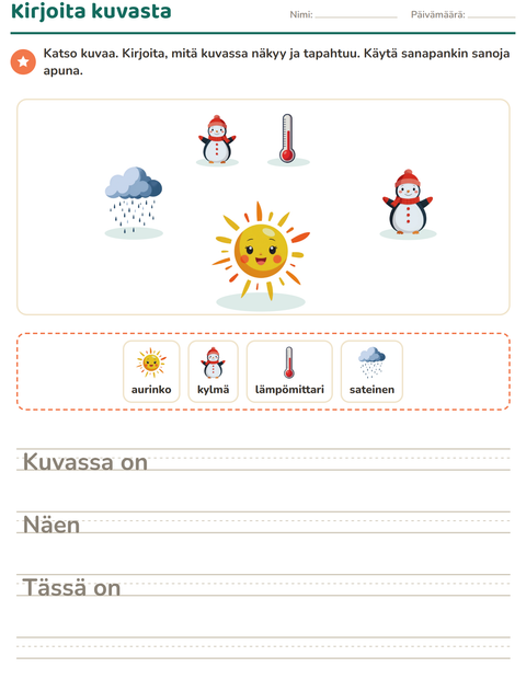 Esikatselu: Kuvasta kirjoittaminen-tehtäväarkki, aiheena Sää, 2. luokka