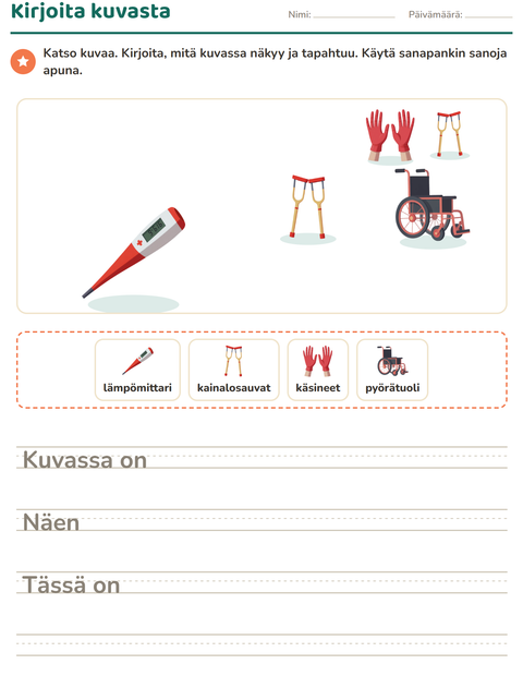 Esikatselu: Kuvasta kirjoittaminen-tehtäväarkki, aiheena Sairaala, 2. luokka