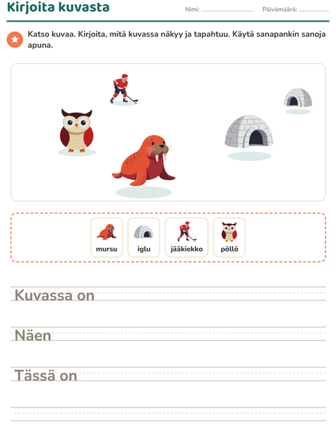 Esikatselu: Kuvasta kirjoittaminen-tehtäväarkki, aiheena Talvi, 2. luokka