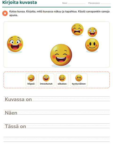 Esikatselu: Kuvasta kirjoittaminen-tehtäväarkki, aiheena Tunteet, 2. luokka
