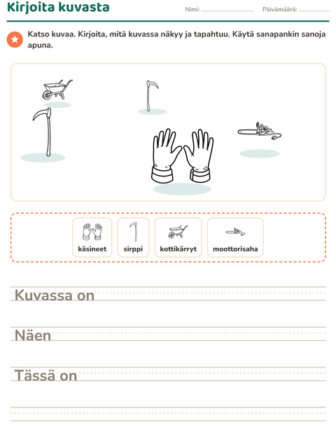 Esikatselu: Kuvasta kirjoittaminen-tehtäväarkki, aiheena Työkalut MV, 2. luokka