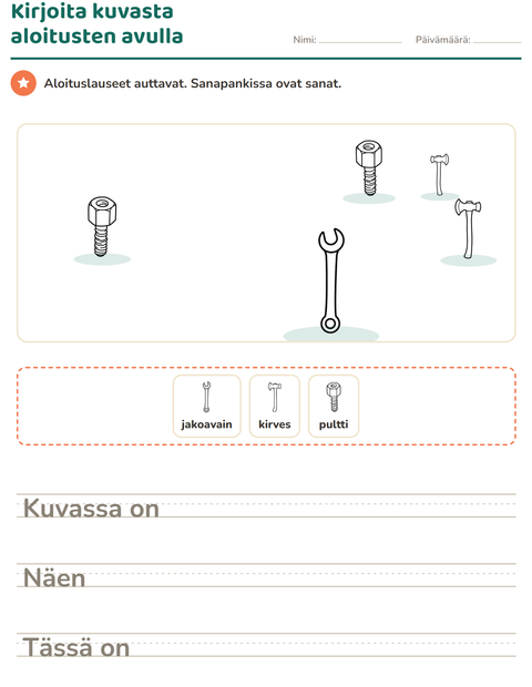 Esikatselu: Kuvasta kirjoittaminen-tehtäväarkki, aiheena Työkalut MV, 2. luokka