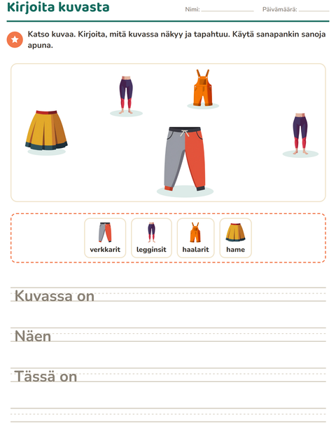 Esikatselu: Kuvasta kirjoittaminen-tehtäväarkki, aiheena Vaatteet, 2. luokka