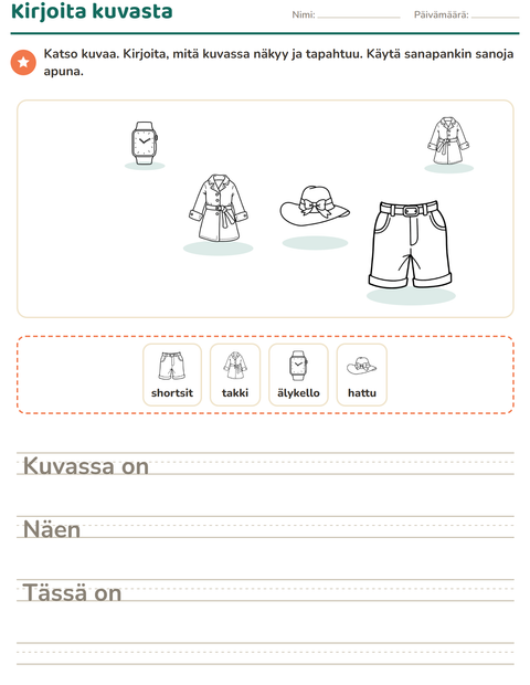 Esikatselu: Kuvasta kirjoittaminen-tehtäväarkki, aiheena Vaatteet MV, 2. luokka