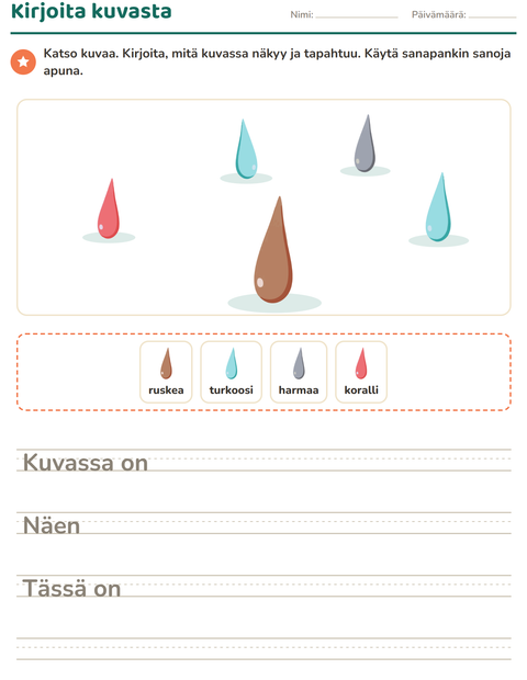 Esikatselu: Kuvasta kirjoittaminen-tehtäväarkki, aiheena Värit, 2. luokka