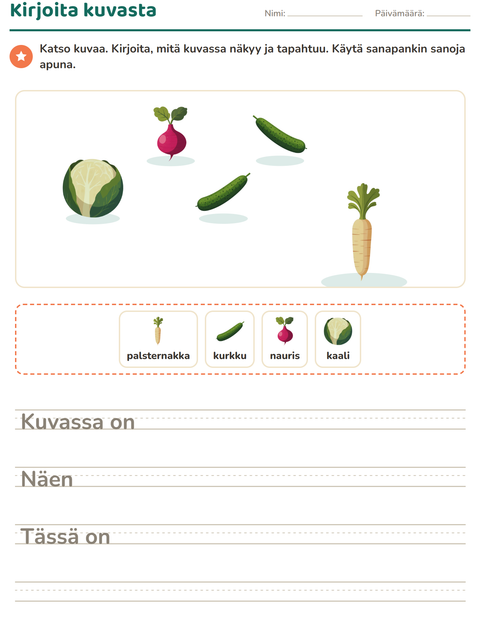Esikatselu: Kuvasta kirjoittaminen-tehtäväarkki, aiheena Vihannekset, 2. luokka
