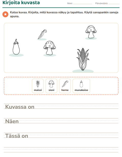 Esikatselu: Kuvasta kirjoittaminen-tehtäväarkki, aiheena Vihannekset MV 2, 2. luokka