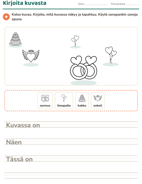 Esikatselu: Kuvasta kirjoittaminen-tehtäväarkki, aiheena Ystävänpäivä MV, 2. luokka