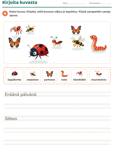 Esikatselu: Kuvasta kirjoittaminen-tehtäväarkki, aiheena Hyönteiset ja ötökät, 2. luokka