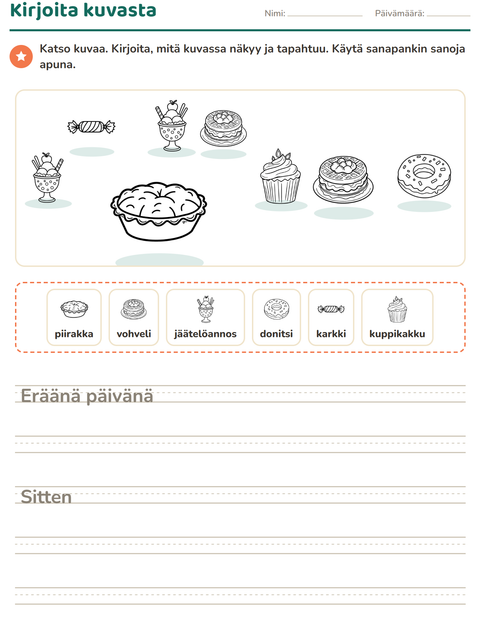Esikatselu: Kuvasta kirjoittaminen-tehtäväarkki, aiheena Jälkiruoka (M/V), 2. luokka