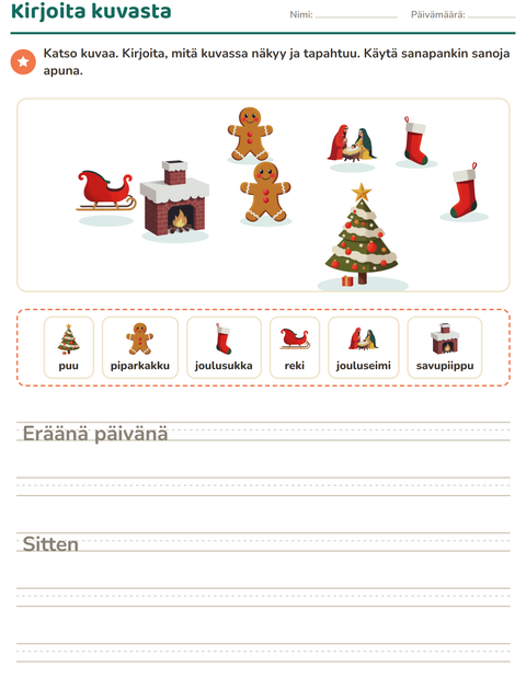 Esikatselu: Kuvasta kirjoittaminen-tehtäväarkki, aiheena Joulu, 2. luokka