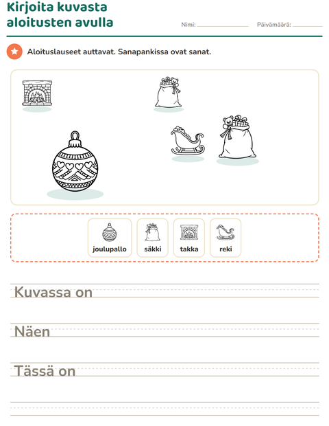 Esikatselu: Kuvasta kirjoittaminen-tehtäväarkki, aiheena Joulu M/V 2, 2. luokka