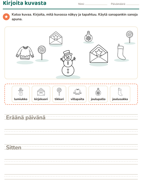 Esikatselu: Kuvasta kirjoittaminen-tehtäväarkki, aiheena Joulu M/V, 2. luokka
