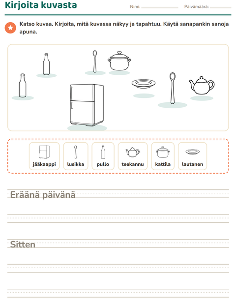 Esikatselu: Kuvasta kirjoittaminen-tehtäväarkki, aiheena Keittiö MV, 2. luokka
