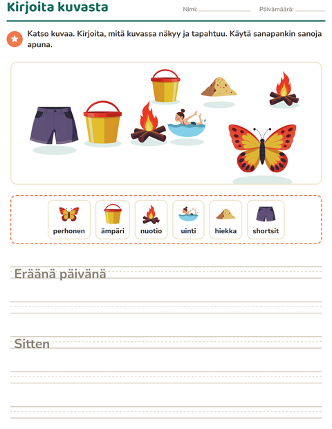 Esikatselu: Kuvasta kirjoittaminen-tehtäväarkki, aiheena Kesä, 2. luokka