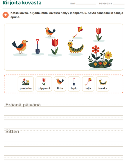 Esikatselu: Kuvasta kirjoittaminen-tehtäväarkki, aiheena Kevät, 2. luokka