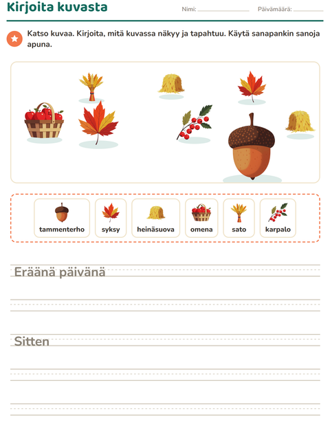 Esikatselu: Kuvasta kirjoittaminen-tehtäväarkki, aiheena Kiitospäivä, 2. luokka