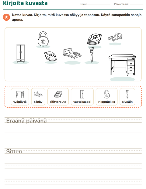 Esikatselu: Kuvasta kirjoittaminen-tehtäväarkki, aiheena Koti MV 2, 2. luokka