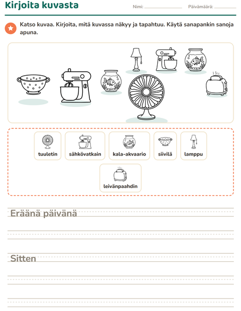 Esikatselu: Kuvasta kirjoittaminen-tehtäväarkki, aiheena Koti MV, 2. luokka