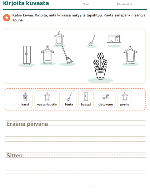 Esikatselu: Kuvasta kirjoittaminen-tehtäväarkki, aiheena Kotitalous MV, 2. luokka