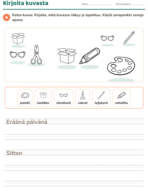 Esikatselu: Kuvasta kirjoittaminen-tehtäväarkki, aiheena Koulutus MV, 2. luokka