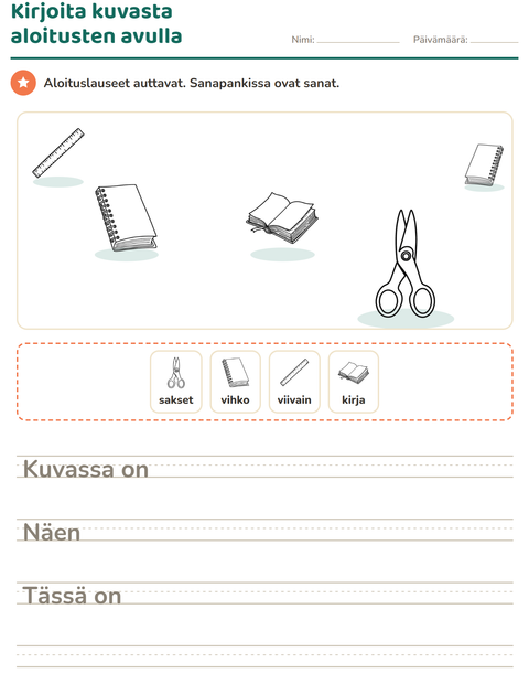 Esikatselu: Kuvasta kirjoittaminen-tehtäväarkki, aiheena Koulutus MV, 2. luokka