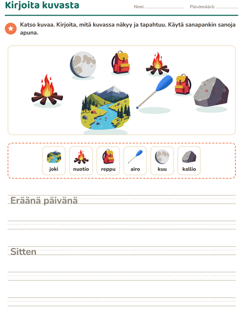 Esikatselu: Kuvasta kirjoittaminen-tehtäväarkki, aiheena Leirielämä, 2. luokka
