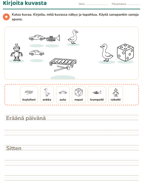Esikatselu: Kuvasta kirjoittaminen-tehtäväarkki, aiheena Lelut MV 2, 2. luokka