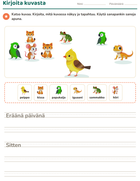 Esikatselu: Kuvasta kirjoittaminen-tehtäväarkki, aiheena Lemmikit, 2. luokka