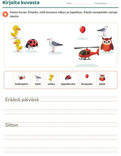 Esikatselu: Kuvasta kirjoittaminen-tehtäväarkki, aiheena Lentävät asiat, 2. luokka