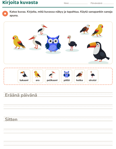 Esikatselu: Kuvasta kirjoittaminen-tehtäväarkki, aiheena Linnut, 2. luokka