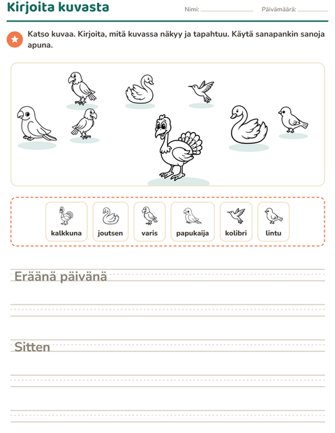 Esikatselu: Kuvasta kirjoittaminen-tehtäväarkki, aiheena Linnut M&V 2, 2. luokka