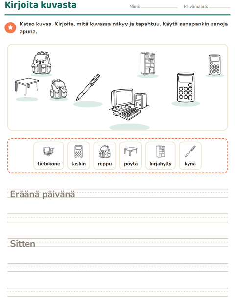 Esikatselu: Kuvasta kirjoittaminen-tehtäväarkki, aiheena Luokkahuone 2 (M/V), 2. luokka