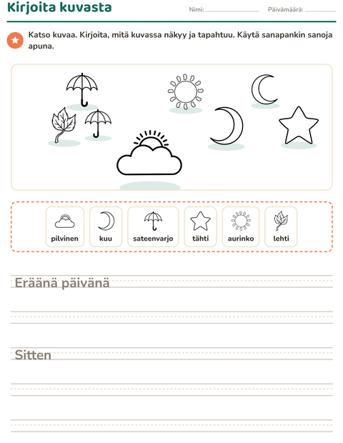 Esikatselu: Kuvasta kirjoittaminen-tehtäväarkki, aiheena Luonto MV, 2. luokka