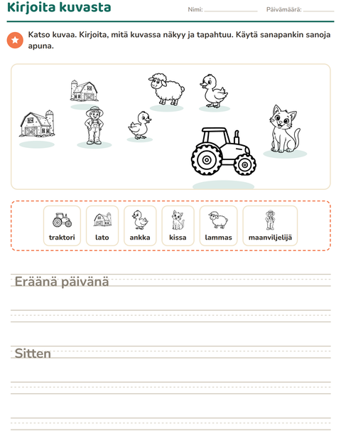 Esikatselu: Kuvasta kirjoittaminen-tehtäväarkki, aiheena Maatila MV, 2. luokka