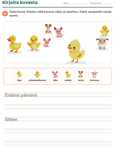 Esikatselu: Kuvasta kirjoittaminen-tehtäväarkki, aiheena Maatilan eläimet, 2. luokka