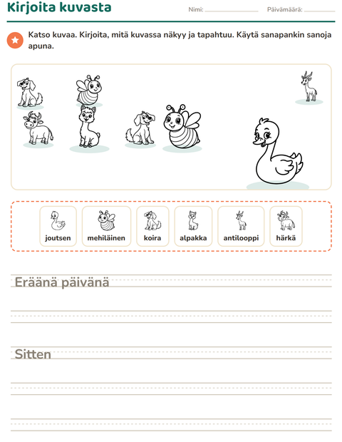 Esikatselu: Kuvasta kirjoittaminen-tehtäväarkki, aiheena Maatilan eläimet MV, 2. luokka